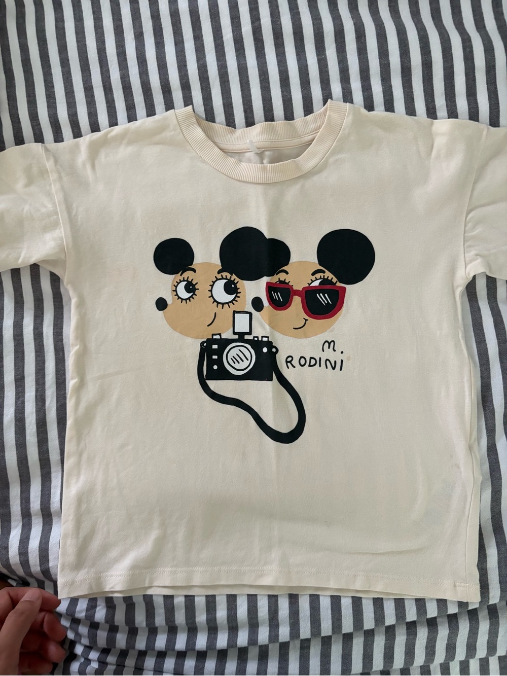 Mini Rodini Cream Tee with Camera Mouse Graphic and Red Sunglasses